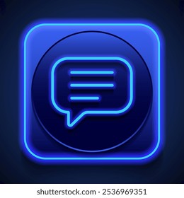 Bate-papo, mensagem, texto simples ícone vetor. Design plano. Estilo de néon azul no botão. Com shadow.ai