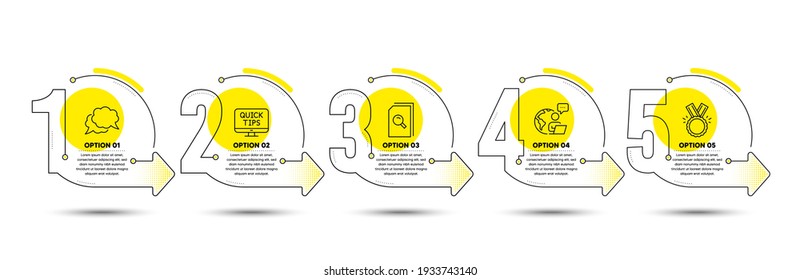 Chat message, Web tutorials and Honor line icons set. Timeline process infograph. Search files sign. Speech bubble, Quick tips, Medal. Magnifying glass. Education set. Vector