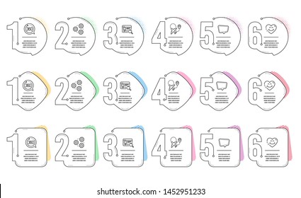 Chat message, Website search and 360 degrees line icons set. Infographic timeline. Smile face, Gears and Airplane signs. Speech bubble, Find internet, Full rotation. Love heart. Technology set. Vector