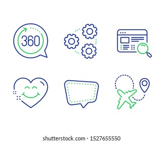 Chat message, Website search and 360 degrees line icons set. Smile face, Gears and Airplane signs. Speech bubble, Find internet, Full rotation. Love heart. Technology set. Vector