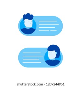 Chat messages bubble, man person chatting on cellphone with woman. Modern flat style vector illustration.
