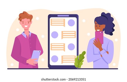 Chat messages concept. Man and woman hold smartphones and communicate with each other online. Long distance relationships. Friends discuss plans on social networks. Cartoon flat vector illustration