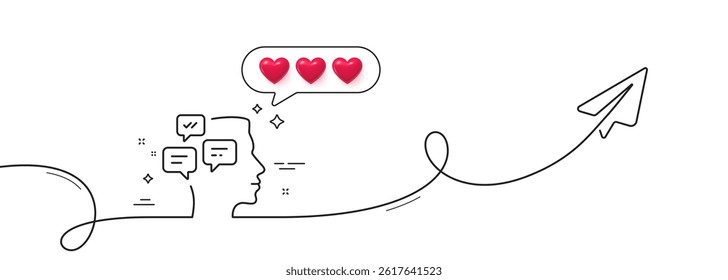 Chat Messages line icon. Continuous line with share plane. Conversation sign. Communication speech bubbles symbol. Hearts rate review in speech bubble. Messages single line ribbon. Vector