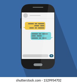 Chat messages notification on black mobile phone. Isolated on blue background. Vector flat illustration.