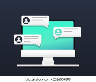 Chat messages notification on computer screen. Messages bubbles with user profile. Online talking, speak, conversation, dialog concept. Illustration vector