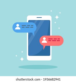 Notificación de mensajes de chat en teléfono móvil. Sms burbuja en la pantalla, persona chateando en el teléfono celular. Conversación en línea. Diseño de dibujos animados