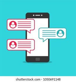 Chat messages notification on smartphone vector illustration, flat cartoon sms bubbles on mobile phone screen