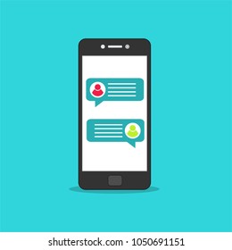 Chat messages notification on smartphone vector illustration, flat cartoon sms bubbles on mobile phone screen