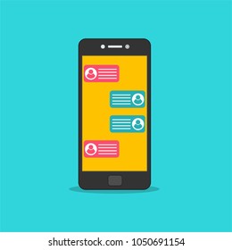 Chat messages notification on smartphone vector illustration, flat cartoon sms bubbles on mobile phone screen