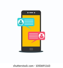 Chat messages notification on smartphone vector illustration, flat cartoon sms bubbles on mobile phone screen