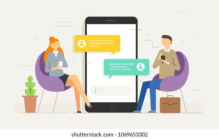 Chat messages notification on smartphone vector illustration, flat cartoon sms bubbles on mobile phone screen, man person chatting on cellphone with woman isolated. Private chat