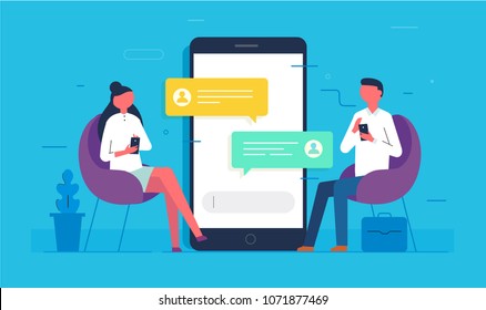 Chat messages notification on smartphone vector illustration, flat cartoon sms bubbles on mobile phone screen, man person chatting on cellphone with woman isolated. Private chat