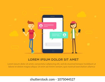 Chat messages notification on smartphone vector illustration, flat cartoon sms bubbles on mobile phone screen, man person chatting on cellphone with woman. Private chat