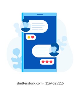 Chat messages notification on smartphone, man person chatting on cellphone with woman. love messaging. Modern flat style vector illustration.