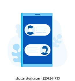 Chat messages notification on smartphone, man person chatting on cellphone with woman. Modern flat style vector illustration.