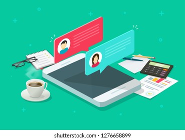 Notificación de mensajes de chat sobre investigación vectorial de smartphones, burbujas de sms isométricas de caricaturas planas en la mesa de la pantalla del teléfono móvil, charla en el teléfono celular, lugar de trabajo aislado en 3d o espacio de trabajo