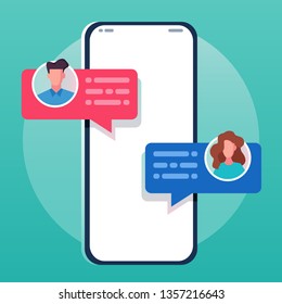 Chat messages notification on smartphone vector illustration, flat sms bubbles on mobile phone screen, chatting on cellphone - Vector