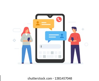 Chat messages notification on smartphone vector illustration, flat cartoon sms bubbles on mobile phone screen, man person chatting on cellphone with woman isolated. Private chat