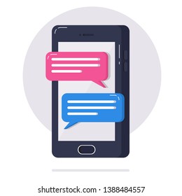 Chat messages notification on smartphone vector illustration, flat cartoon message bubbles on mobile phone screen, person chatting in messenger app