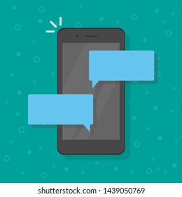 Chat messages notification on smartphone vector illustration, flat cartoon sms bubbles on mobile phone screen, man person chatting on cellphone with woman isolated