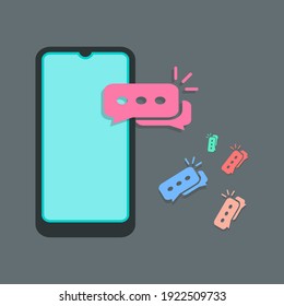 Chat messages notification on smartphone vector illustration, flat bubbles on mobile phone screen, with bubble speech from large to decreasing. design vector icon illustration