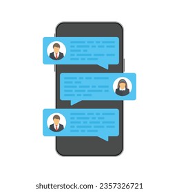 Chat messages notification on smartphone screen. Cartoon sms bubbles on mobile phone. Online talking, chatting, speak, conversation or dialog concept. Vector illustration in flat style. EPS 10.