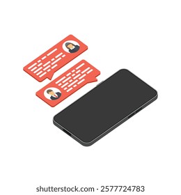 Chat messages notification on smartphone screen. Cartoon sms bubbles and mobile phone. Online talking, chatting, speak, conversation or dialog concept. 