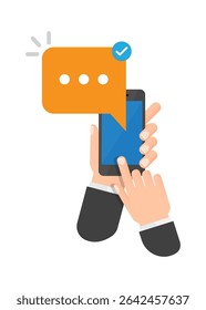 Chat messages notification on smartphone vector illustration, flat cartoon sms bubbles on mobile phone screen, man person chatting on cellphone, stock illustration