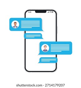 Notificación de mensajes de chat en la Ilustración vectorial del teléfono inteligente. Burbujas de chat en la pantalla del teléfono móvil