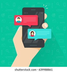 Chat Messages Notification On Smartphone Vector Illustration, Flat Style Sms Bubbles On Mobile Phone Screen, Man Person Chatting On Cellphone With Woman