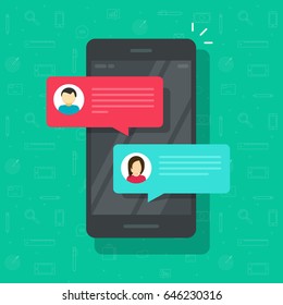 Chat Messages Notification On Smartphone Vector Illustration, Flat Cartoon Sms Bubbles On Mobile Phone Screen, Man Person Chatting Notice On Cellphone With Woman Isolated