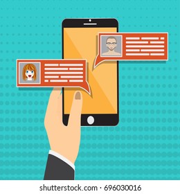 Chat messages notification on smartphone vector illustration, flat cartoon sms bubbles on mobile phone screen, man person chatting on cellphone with woman.