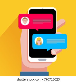 Chat messages notification on smartphone vector illustration, flat cartoon sms bubbles on mobile phone screen, man person chatting on cellphone with woman isolated
