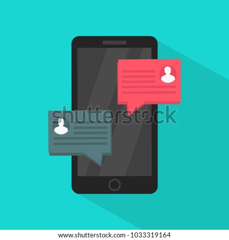 	
Chat messages notification on smartphone vector illustration, flat cartoon sms bubbles on mobile phone screen, man person chatting on cellphone with woman isolated