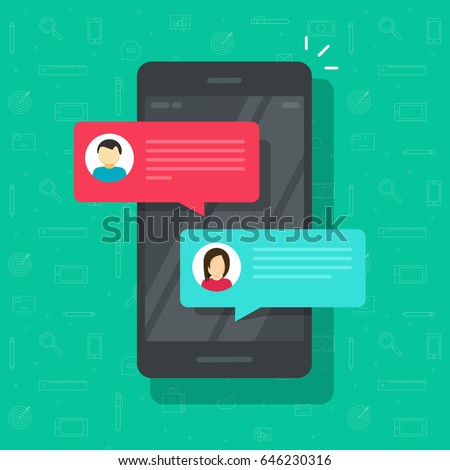 Chat messages notification on smartphone vector illustration, flat cartoon sms bubbles on mobile phone screen, man person chatting notice on cellphone with woman isolated