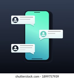Chat messages notification with text preview on smartphone. Messages bubbles with user profile. Online talking, speak, conversation, dialog concept. Illustration vector