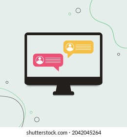 Mensajes de chat en la ilustración vectorial de la computadora, espacio de trabajo de dibujos animados planos o portátil de escritorio de trabajo con notificaciones de burbujas de charla, concepto de mensajes de personas en la imagen de Internet.