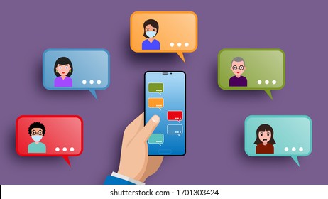 Chat messages on smartphone , flat design speech bubbles on mobile phone screen , vector illustration .