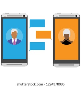 Chat messages on smartphone.  Vector illustration, flat cartoon sms bubbles on mobile phone screen, man person chatting on cellphone with woman isolated