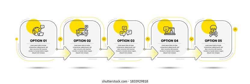 Chat Messages, Parking And Smile Line Icons Set. Timeline Process Flowchart. Chemical Hazard Sign. Communication, Car Park, Laptop Feedback. Toxic Death. Technology Set. Vector