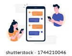 Chat messages smartphone, Sms on mobile phone screen. Man, woman couple chatting, Messaging using chat app or social network. Two persons cellphone conversation sending messages. vector illustration.