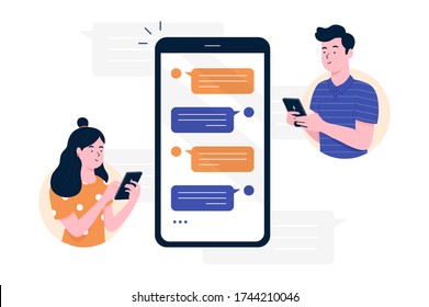 Chat messages smartphone, Sms on mobile phone screen. Man, woman couple chatting, Messaging using chat app or social network. Two persons cellphone conversation sending messages. vector illustration.