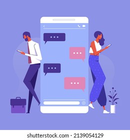 Chat messages smartphone, Sms on mobile phone screen. Man, woman couple chatting, Messaging using chat app or social network. Two persons cellphone conversation sending messages