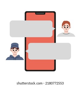 Chat-Nachrichten Smartphone, Sms auf Handy-Bildschirm. Männer, Freunde chatten, Messaging mit Chat-App oder Social Network. Zwei Personen Handy-Konversation senden Nachrichten. Vektorgrafik.