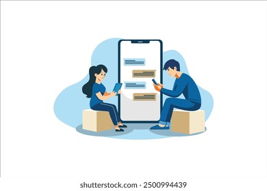 Chat messages smartphone, Sms on mobile phone screen. Man, woman couple chatting, Messaging using chat app or social network. Two persons cellphone conversation sending messages. vector illustration.