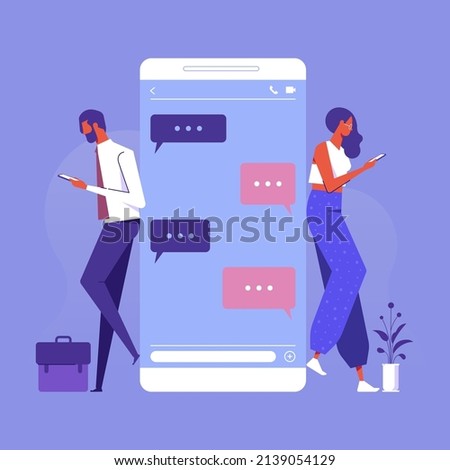Chat messages smartphone, Sms on mobile phone screen. Man, woman couple chatting, Messaging using chat app or social network. Two persons cellphone conversation sending messages