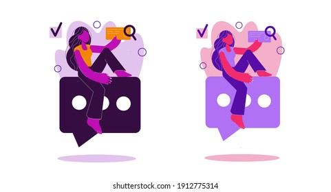 Chat messages vector illustration. Cartoon flat young girl chatting in messenger sitting on sms bubble. Online private conversation concept isolated on white background