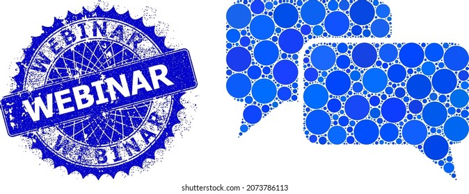 Chat messages vector mosaic of round dots in various sizes and blue color hues, and textured Webinar badge. Blue round sharp rosette badge has Webinar text inside it.