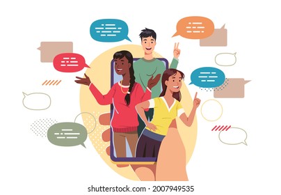 Chat messaging communication concept. Women, man using messenger application on mobile phone sending text messages online. Hand holding cell with persons inside screen flat vector illustration