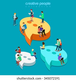 Chat messaging communication flat 3d isometry isometric concept web vector illustration. Message bubbles and young joyful male female sitting laptop tablet phone. Creative technology people collection